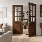 Premium Walnut Door Pair with Clear Bevelled Toughened Glass and Diamond Veneer Inlays