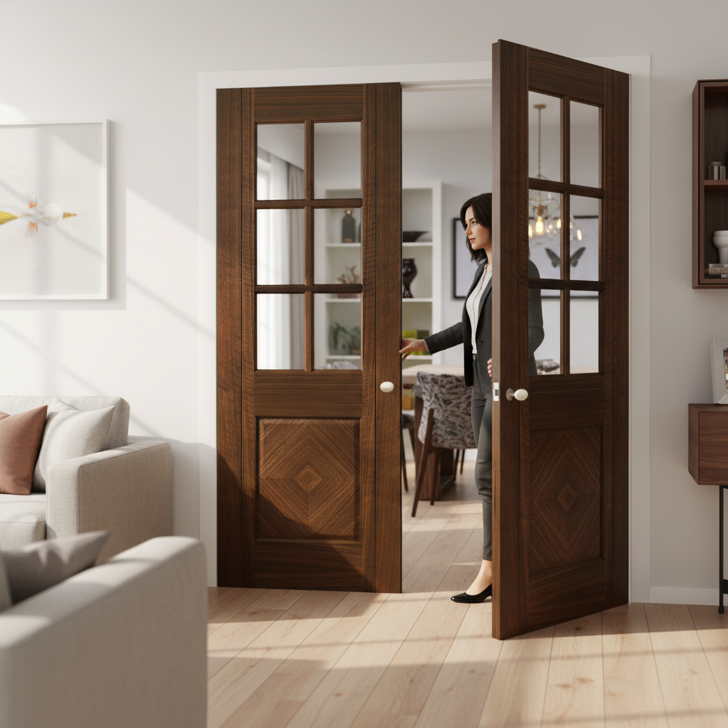 Premium Walnut Door Pair with Clear Bevelled Toughened Glass and Diamond Veneer Inlays