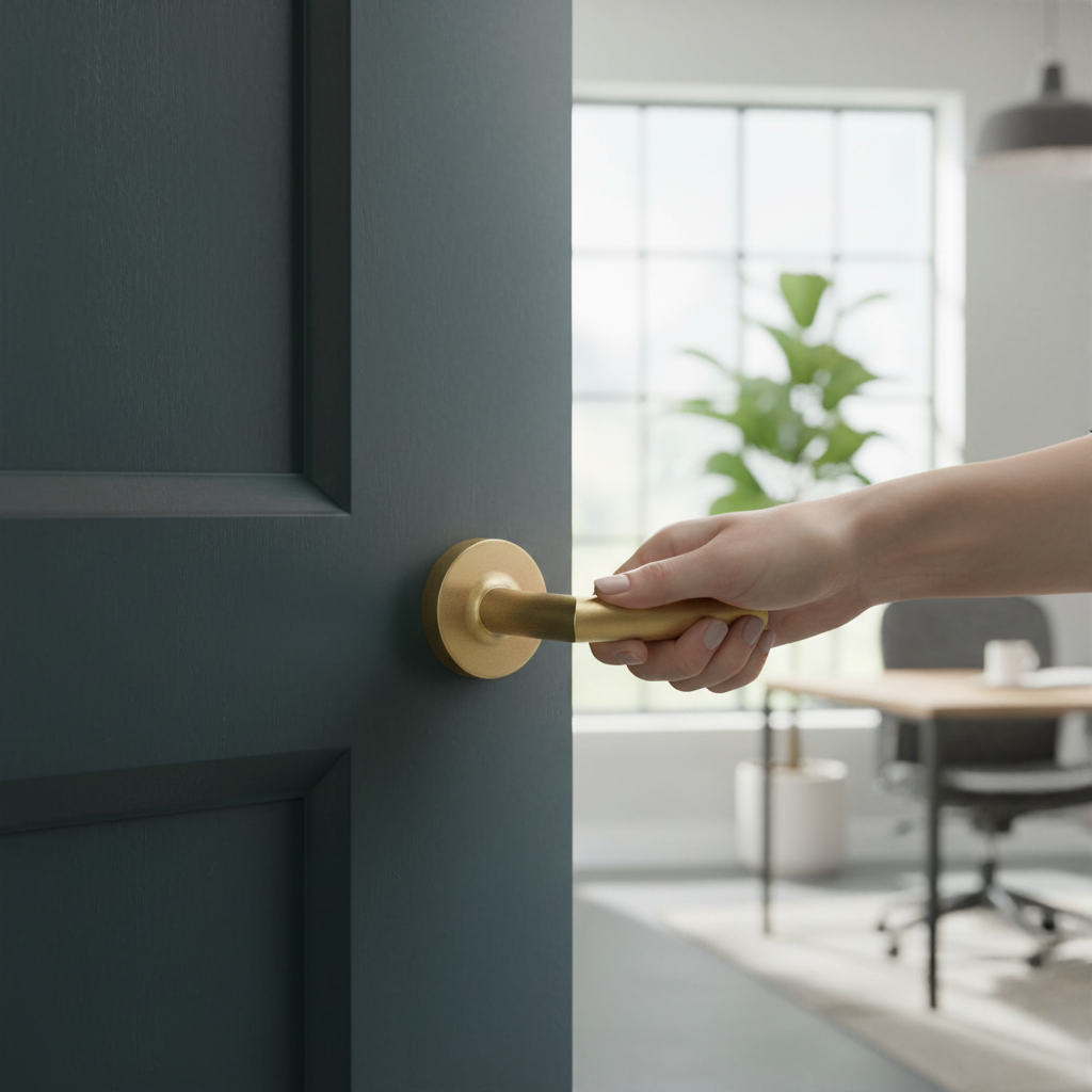 Industrial Round Lever Door Handle Set with Magnetic Device in Satin Brass for Modern Interiors - Image 2