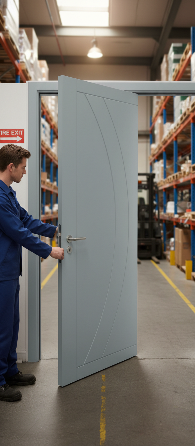 Premium Custom Colour Fire Door with Dual Lined Curved Design and Deep U-Grooves for Enhanced Style