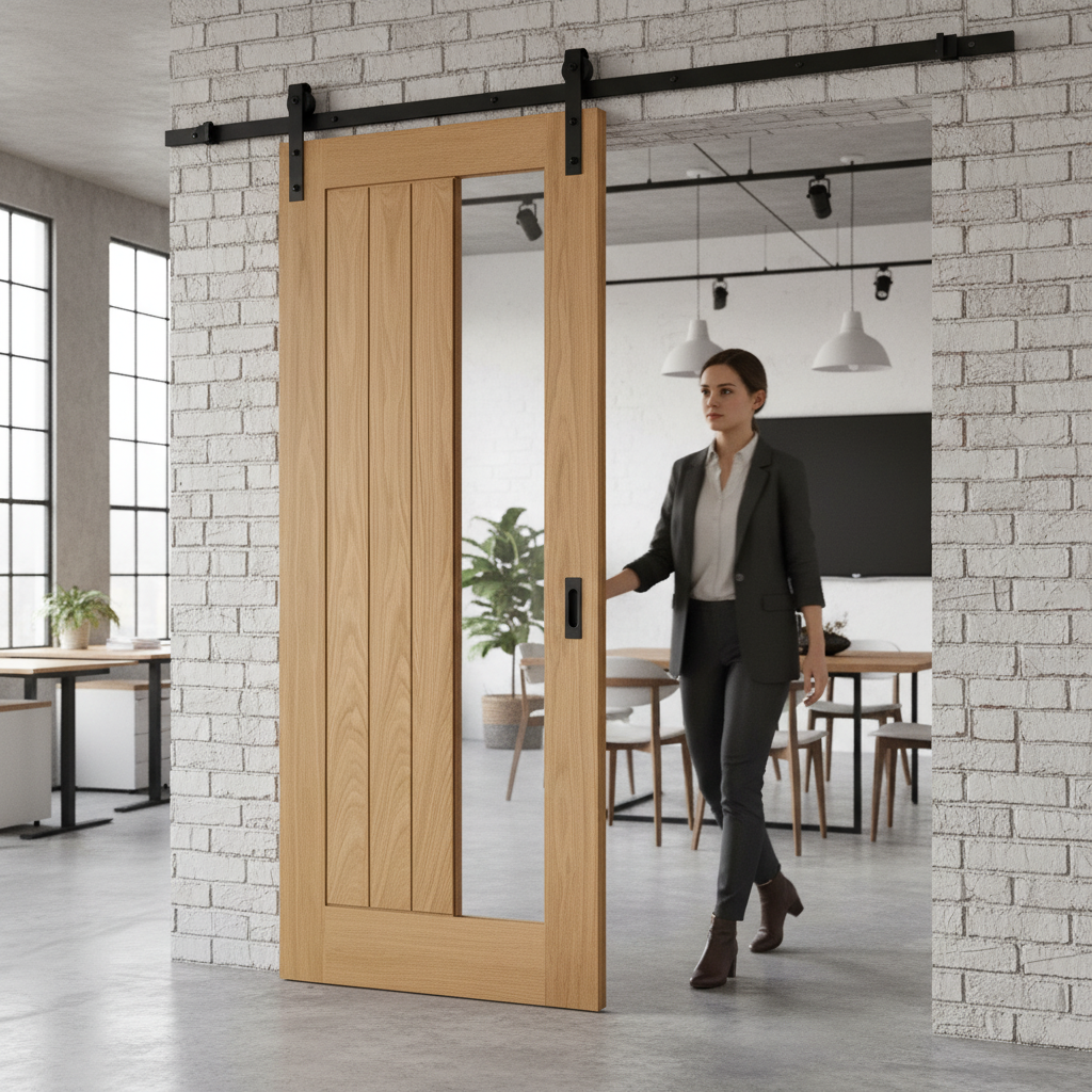 Fully Finished Oak Sliding Door with Clear Offset Glass and Modern Black Steel Track for Elegant Home Interiors - Image 2