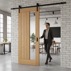 Fully Finished Oak Sliding Door with Clear Offset Glass and Modern Black Steel Track for Elegant Home Interiors - Image 2