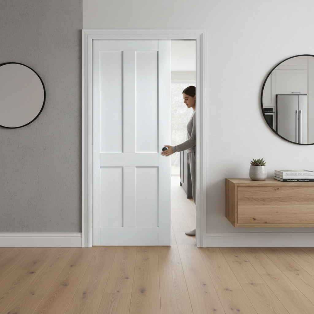 Premium 4 Panel White Pocket Door Set with Galvanised Steel Frame, Adjustable Jambs, and 15-Year Guarantee