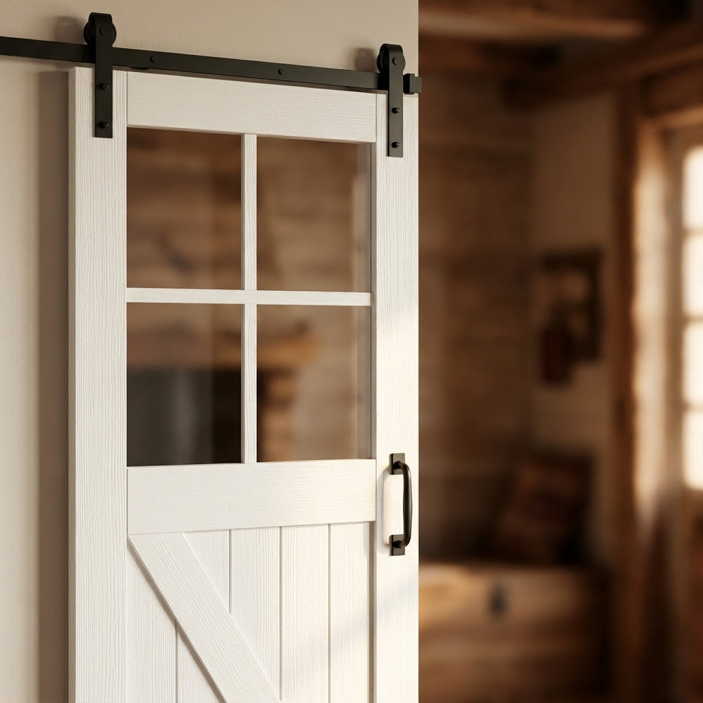 Internal White Primed Barn Sliding Door with 4 Light Clear Glass - Solid Core - detail view