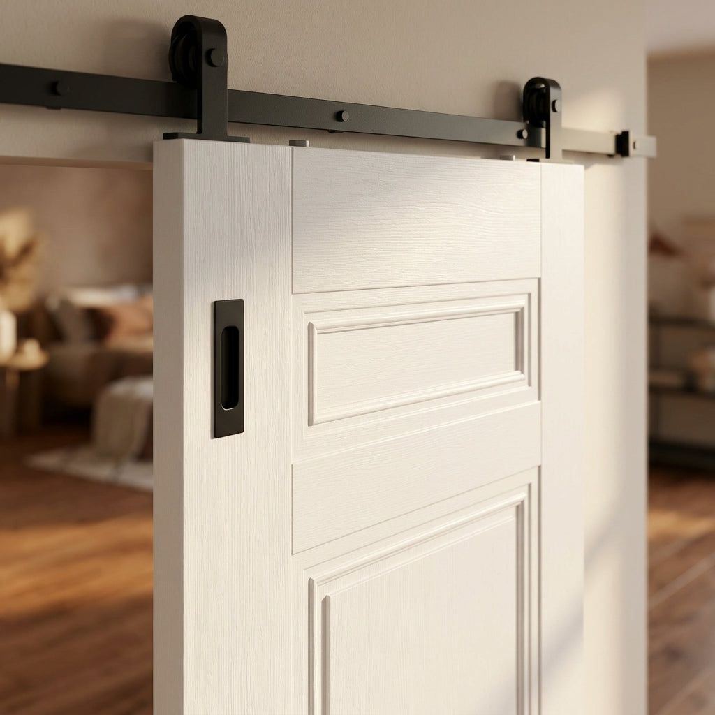 Internal Sliding Door - White Primed Elegance Henley with Black Top Mount - detail view