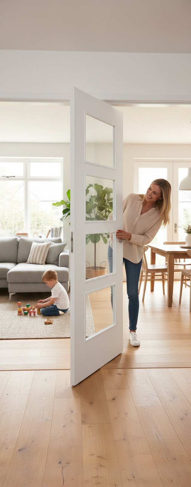 Premium Internal White Primed Glazed Door with 4 Clear Glass Panels for Contemporary Design and Light Flow