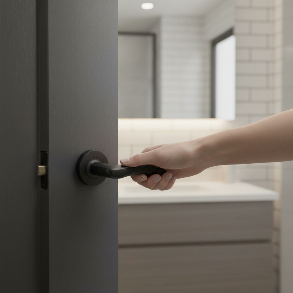 Premium Internal Bathroom Lever Handle Pack with Round Rose, Matt Black Finish and Privacy Lock for Modern Doors - Image 2