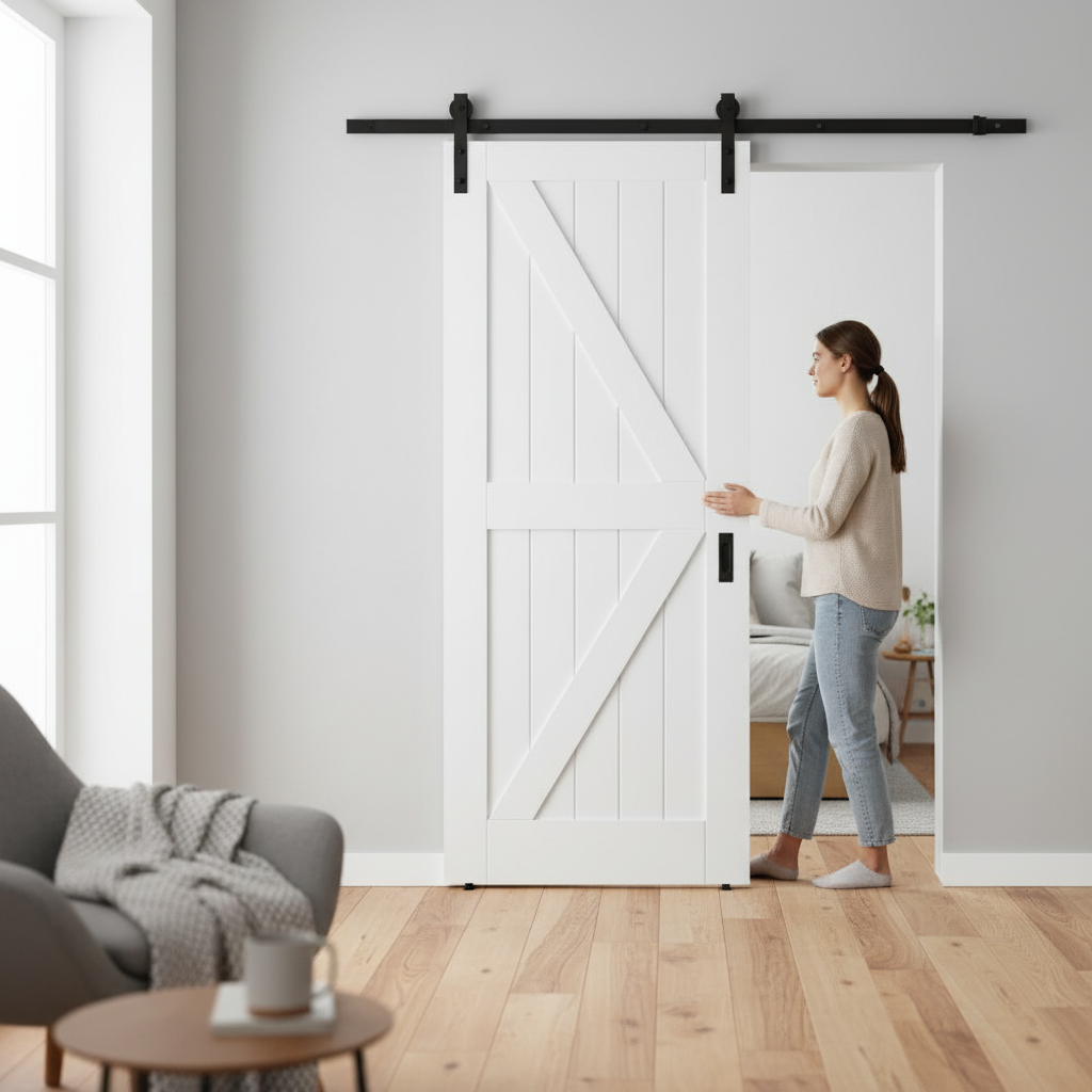 Internal White Primed Barn FLB Sliding Door Set with Rustic Design and Space-Saving Sliding Track for Stylish Interiors -...