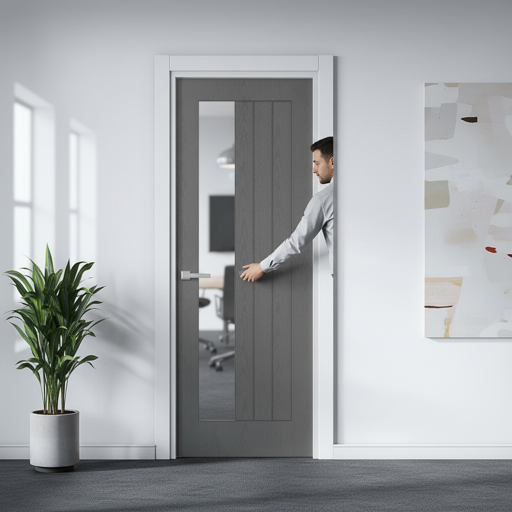 Premium Internal Fully Finished Ash Grey Clear Offset Glass Door with Wood Grain Texture and Engineered Durability