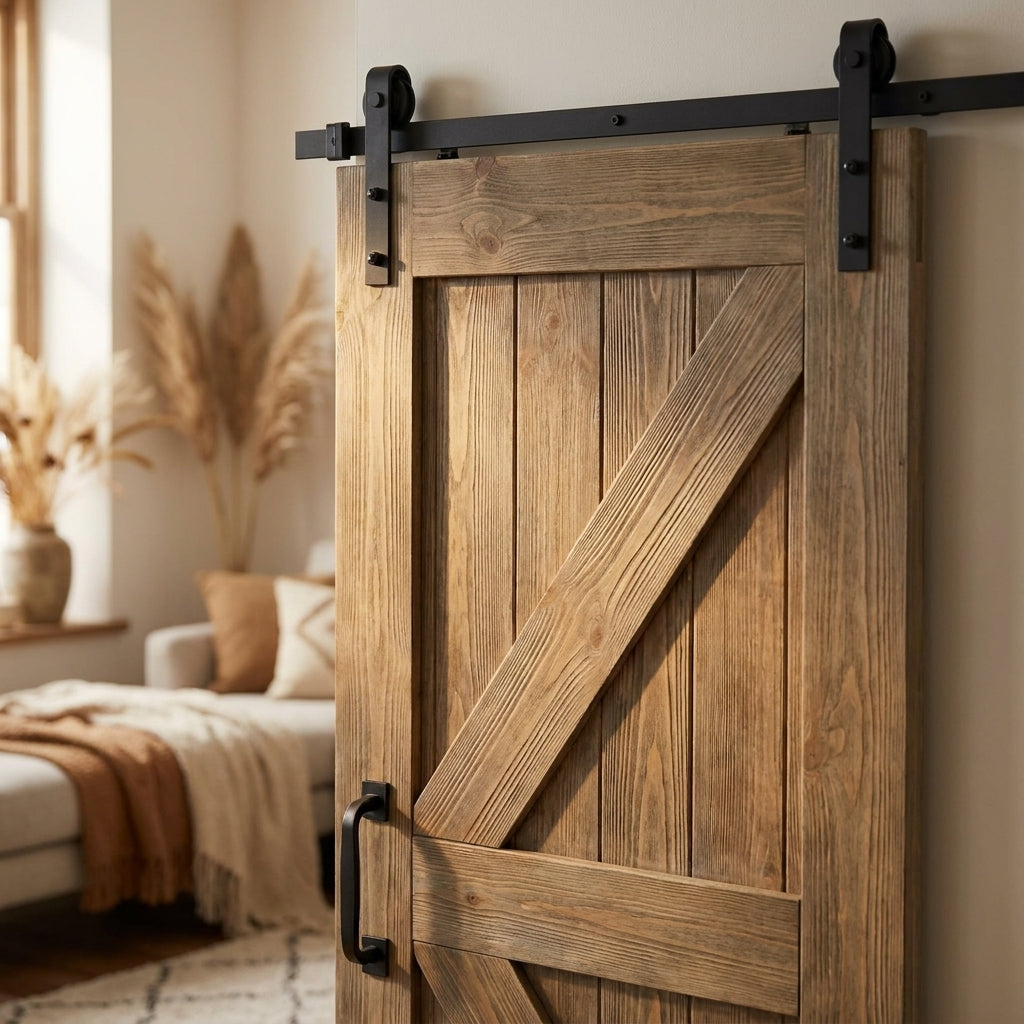 Internal Pine 1 Panel Carbonised Brace Barn Door, Unfinished Softwood - detail view