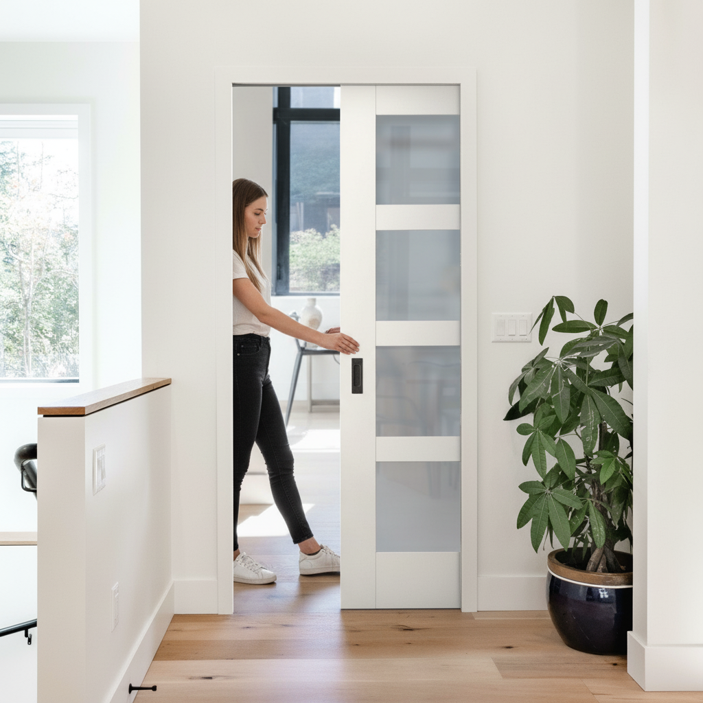 Premium White Primed Internal Shaker 4 Light Obscure Glass Pocket Door Set for Stylish Privacy