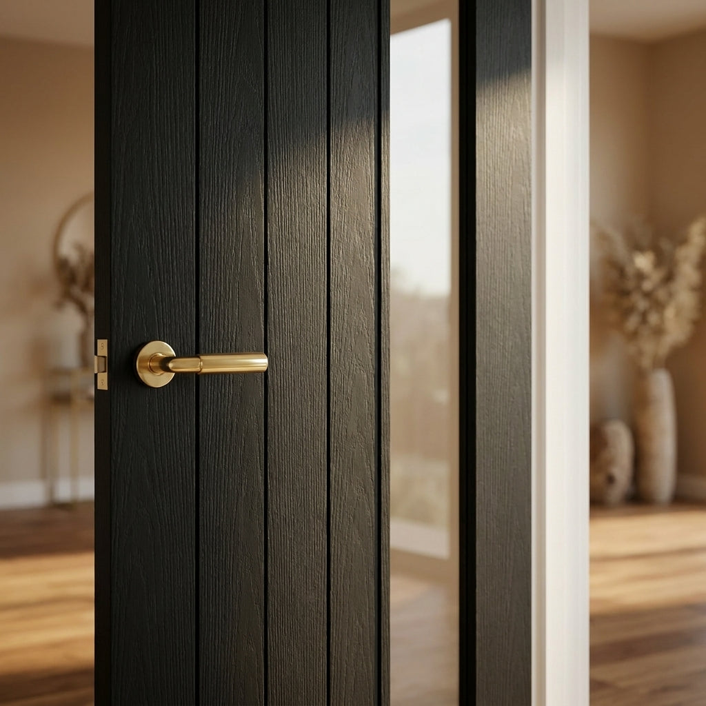 Internal Ash Grey Door with Clear Offset Glass, Fully Finished, Solid Core - detail view