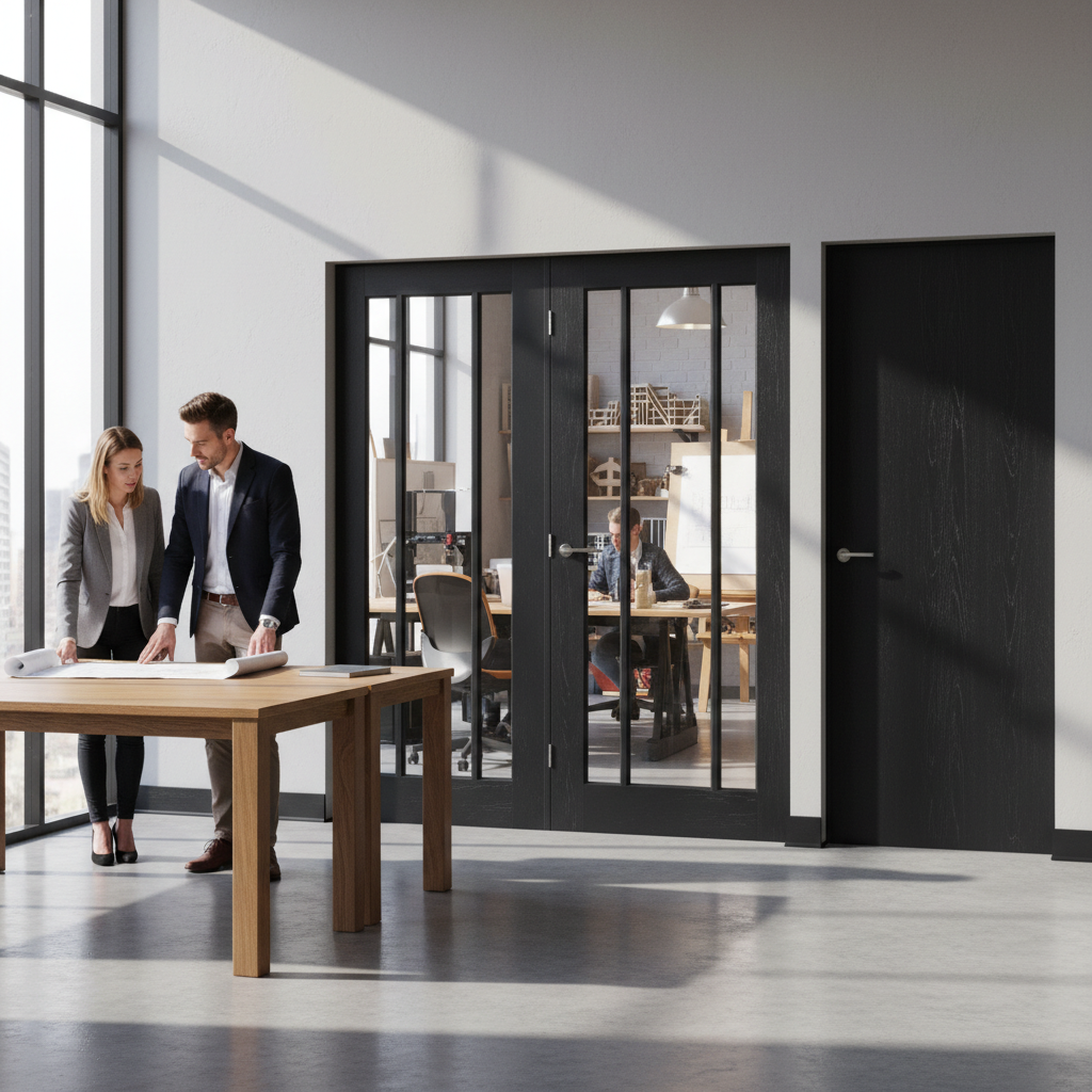 Premium Clear Glazed Brushed Black Oak Single Door Room Divider with Side Panel and Matching Frame