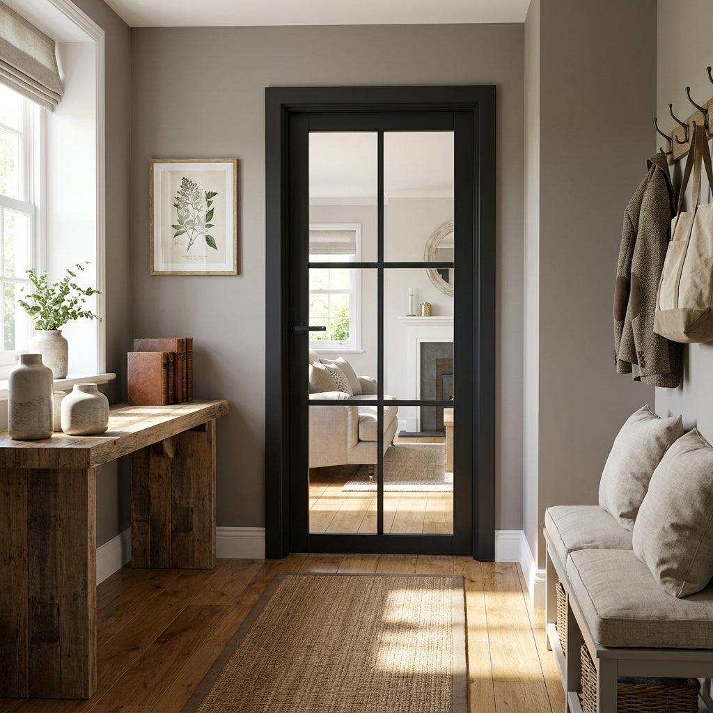 Internal Made-to-Measure Black Door Fully Finished with 6 Light Clear Glass