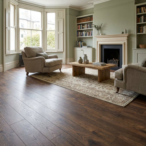 10mm Dark Oak Laminate Flooring with 4V Bevel Edge, Water-Resistant