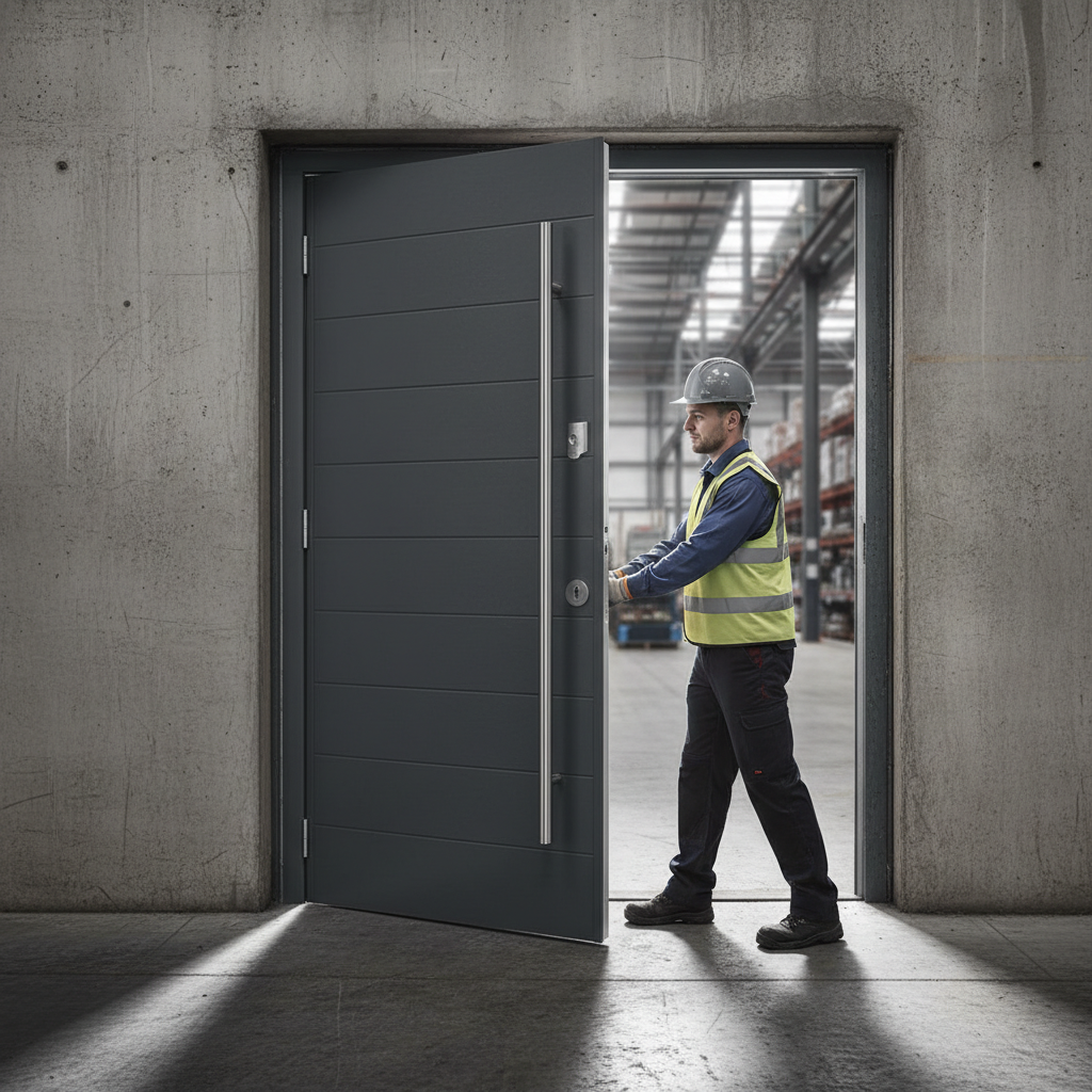 Premium Grey Hardwood External Door with Frame and Long Pull Bar Handle for Modern Entryways