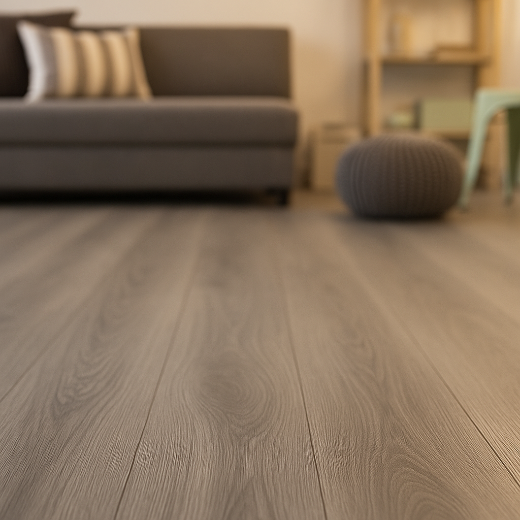 Comfort Luxe 12mm Laminate Flooring in Silver Grey Oak Finish - detail view