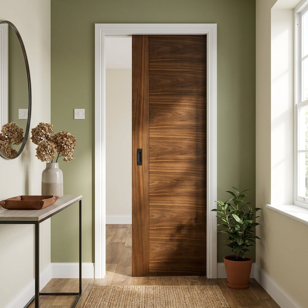 Walnut Pocket Door Set, Fully Finished, 100mm, Internal, Solid Engineered Core
