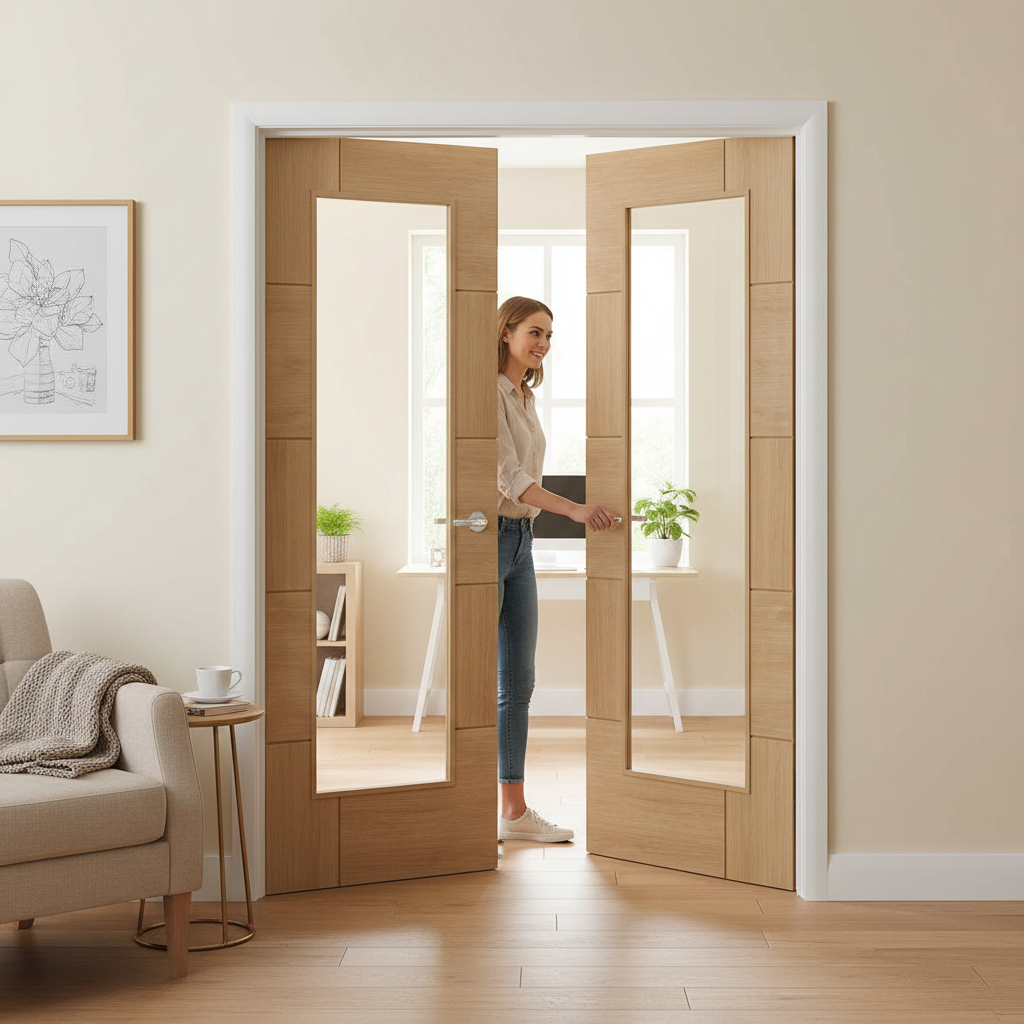 Premium Custom Made Oak Glazed French Doors with Grooved Design for Modern Interiors