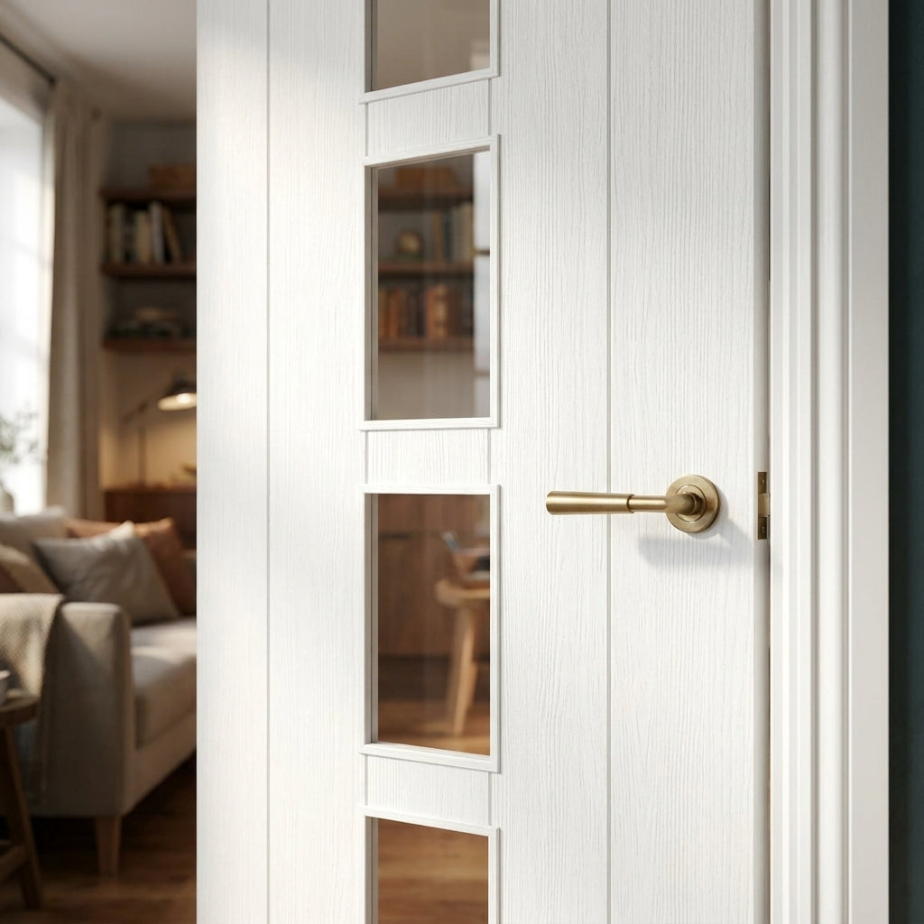 Internal Fully Finished White Cottage Laminate Door with 4 Light Clear Glass - detail view