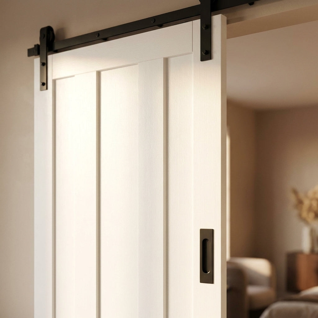 Internal White Sliding Door - Primed Ashton 3 Panel with Black Face Mount - detail view
