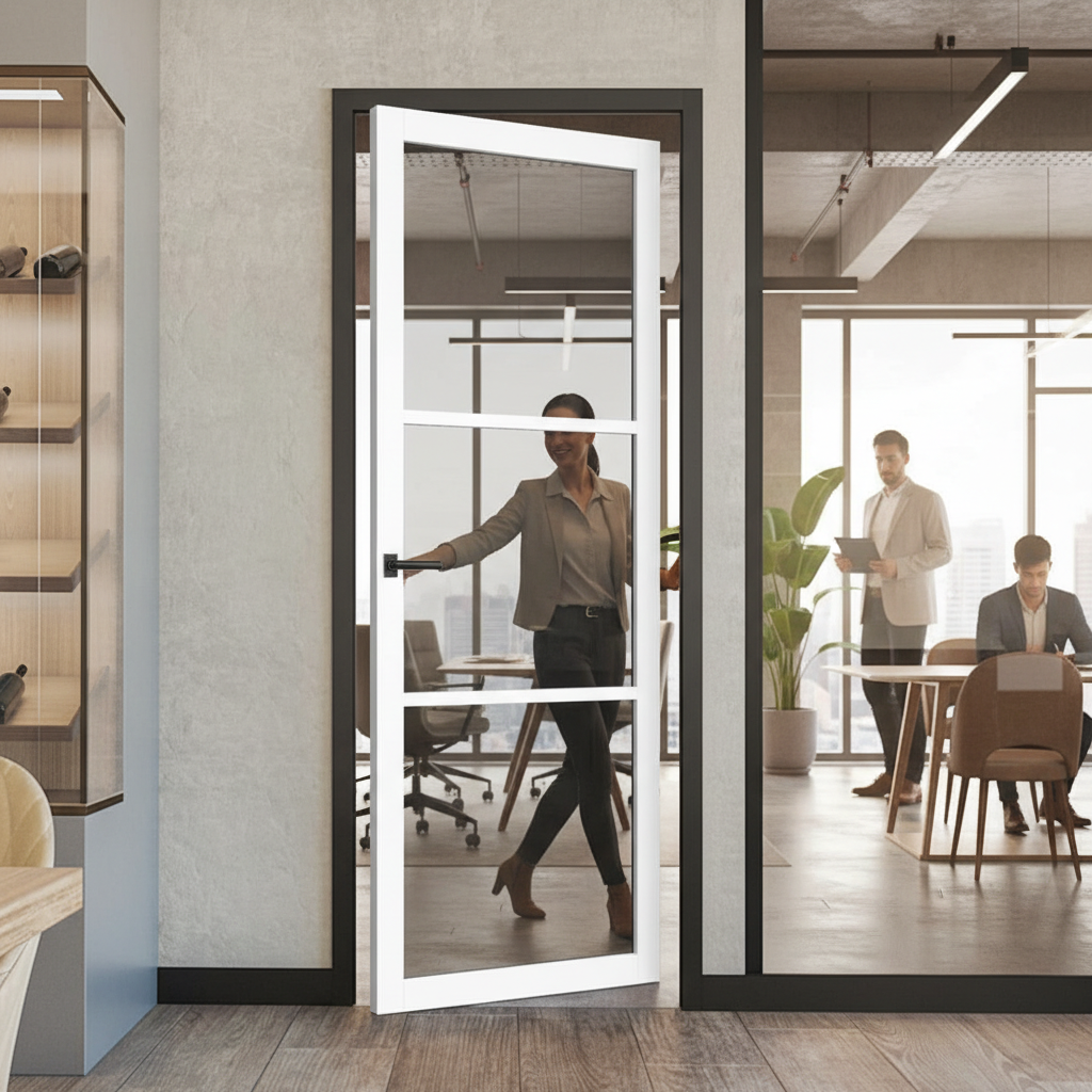 Premium Custom Made Industrial Style Door - 3L White Tinted Glazed with Solid Core and Pocket Door Compatibility