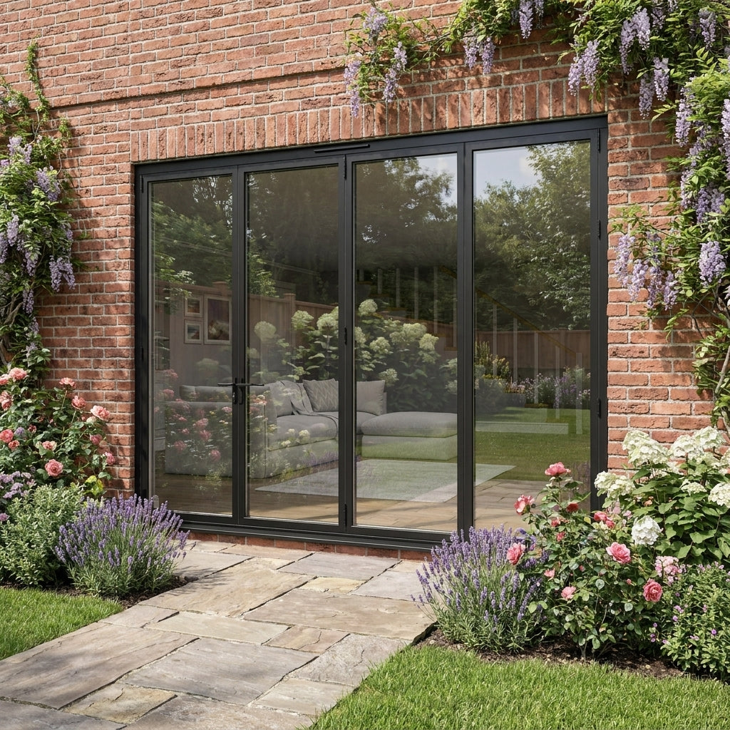 External Folding Patio Door in Matt Black Aluminium with 3+1 Clear Glass