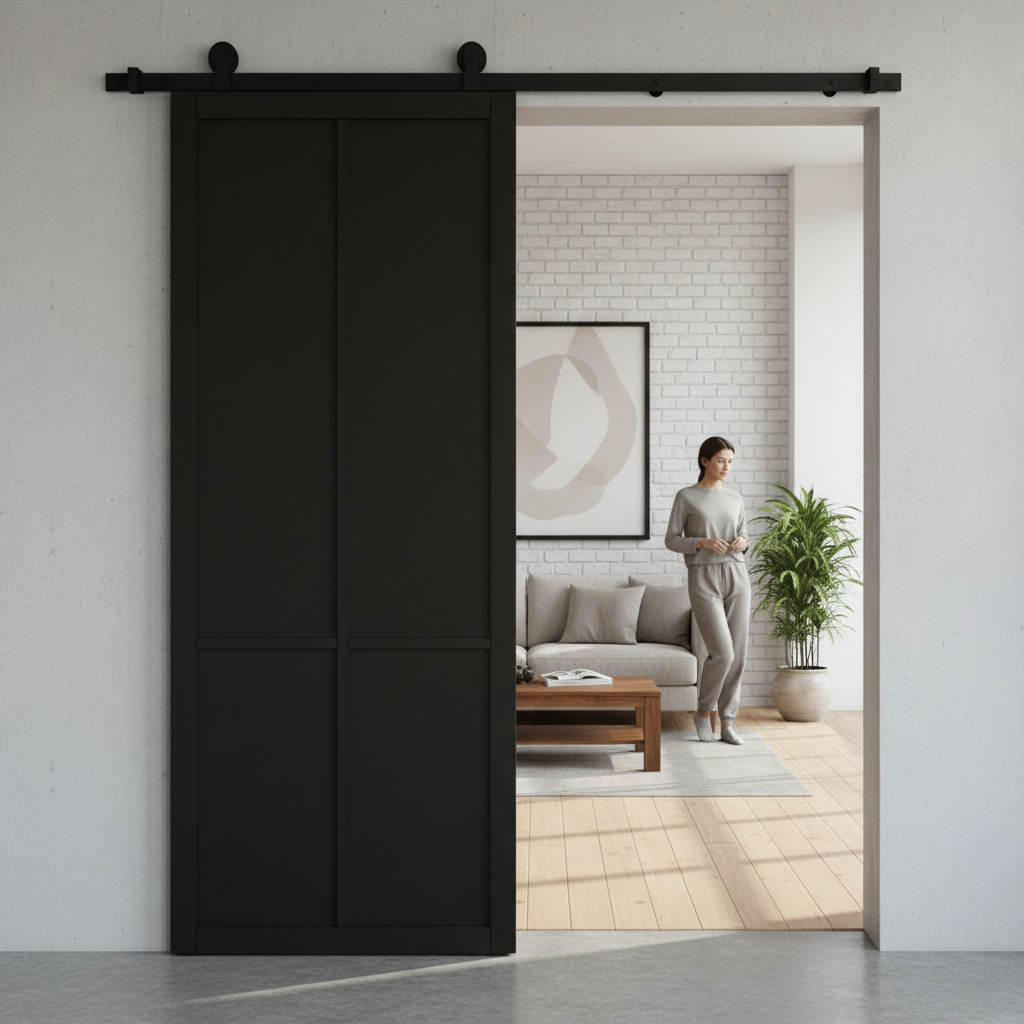 Professional Top Mount Sliding Door System with Soft Close and Black Finish for Barn Conversions and Unique Home Features