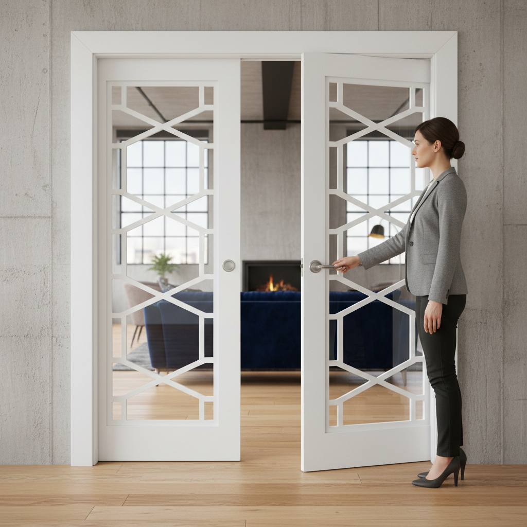 Premium White Glazed Double Pocket Door Set with Galvanised Steel Frame and Adjustable Runners for Modern Interiors