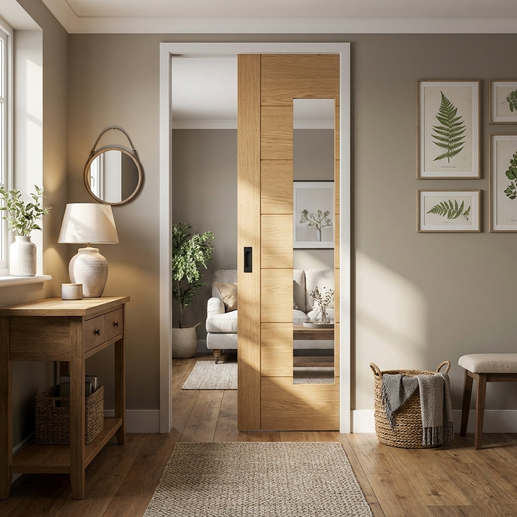 Internal Oak Pocket Door Set with Fully Finished Clear Glass Glazing