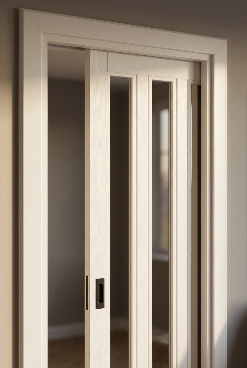 Internal Pocket Door Set, White Primed, 3 Light Clear Glass, 100mm Thick - detail view