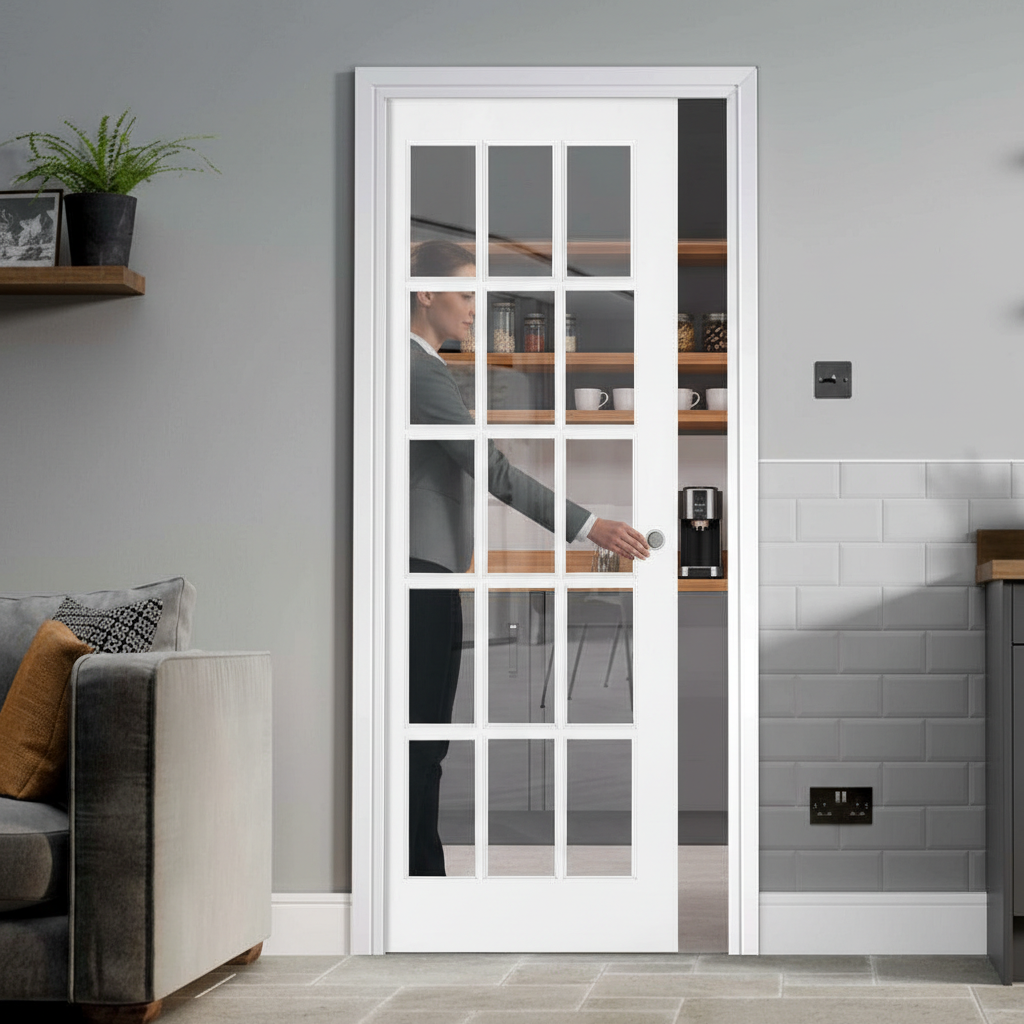 Premium Clear Glazed Pocket Door Set with 15 Panels, Galvanised Steel Frame, and Adjustable Jamb Options for Seamless Installation