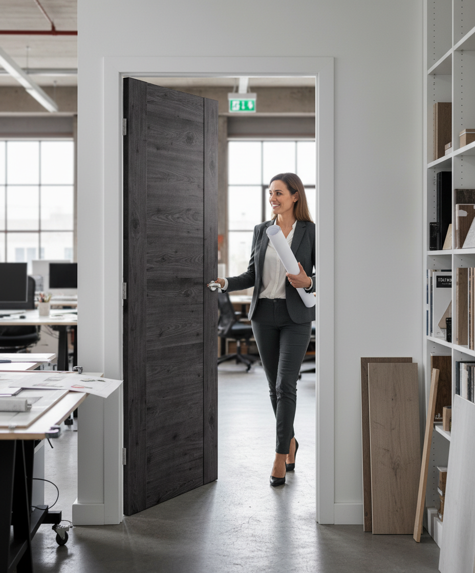 Premium Fully Finished Fire Door with Dark Grey Walnut Laminate Finish and Recessed Central Panel