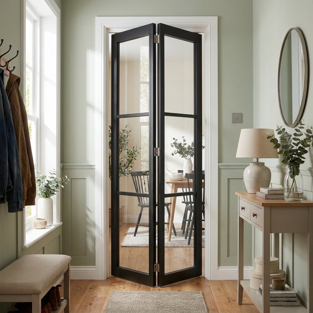 Internal Bi-Fold Door, Jet Black, Fully Finished, 3 Light Clear Glass Design