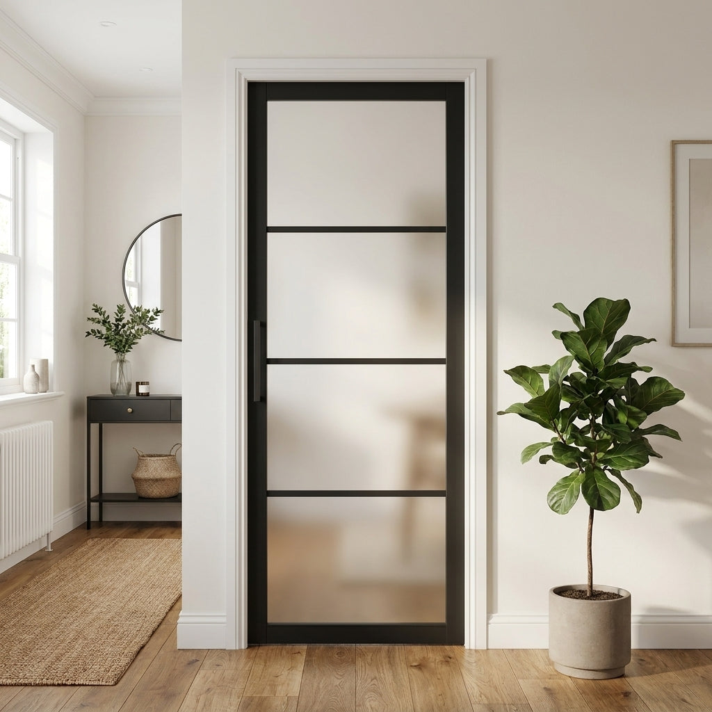 Internal Jet Black Door with Fully Finished 4 Light Obscure Glass Design
