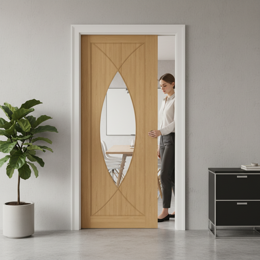 Premium Clear Glazed Pocket Door Set with Oak Veneer and Galvanised Steel Frame for Elegant Interior Design