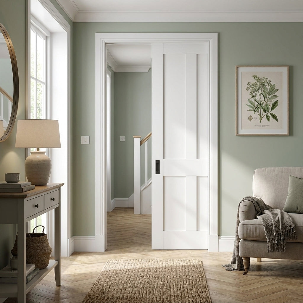 Internal Pocket Door Set, White Primed, Victorian Shaker 4 Panel, 100mm