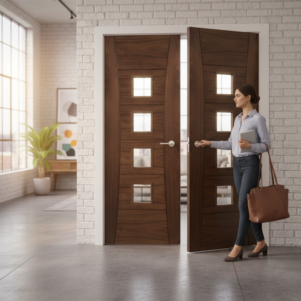 Premium Internal Door Pair with Clear Bevelled Glass and Real Walnut Veneer Finish