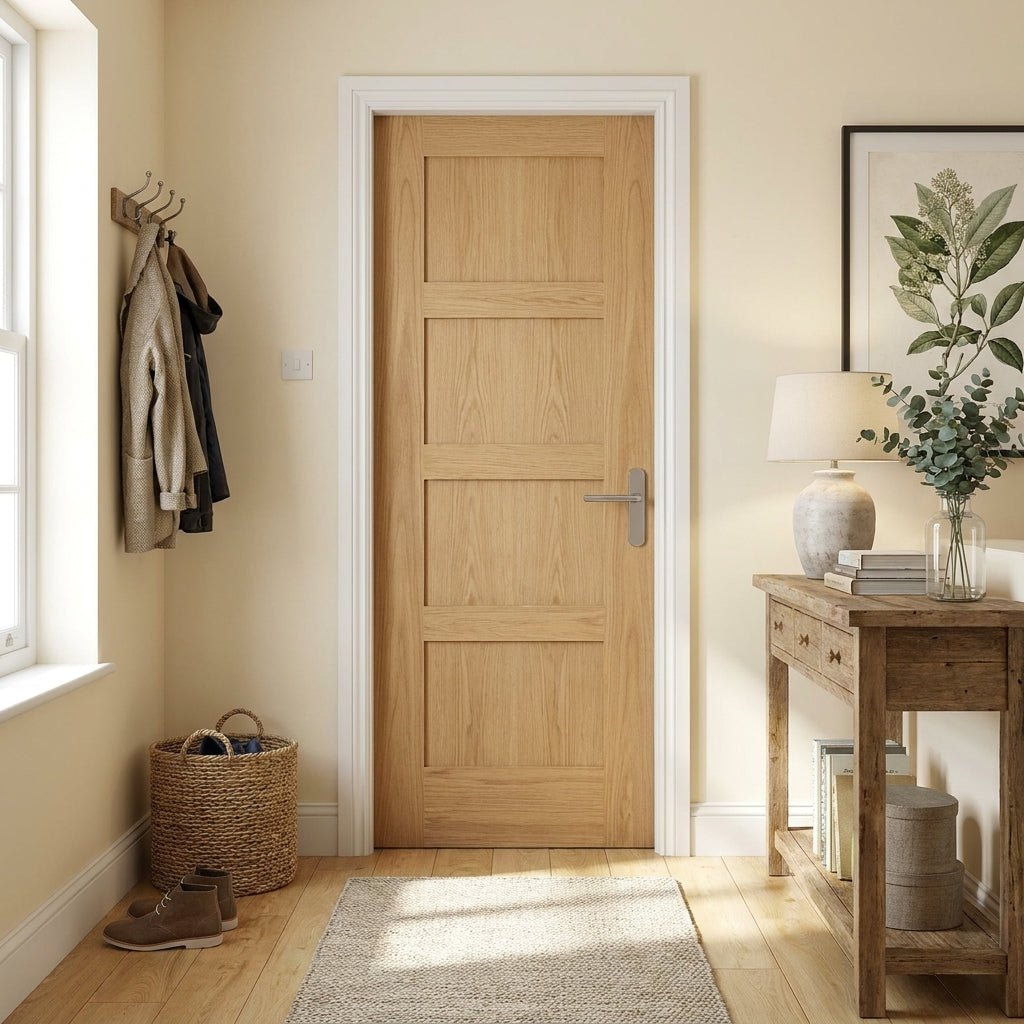 FD30 Fire Door Oak Internal Unfinished Shaker 4 Panel Solid Core
