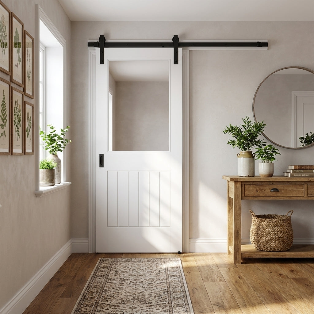 Internal White Sliding Cottage Door with 1 Light Clear Glass, Primed Finish