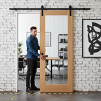 Premium Oak Internal Sliding Door with Obscure Lined Clear Glass and Black Top Mounted Kit for Contemporary Home Design