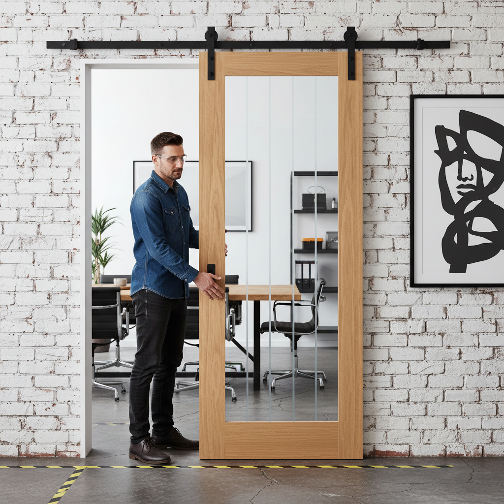 Premium Oak Internal Sliding Door with Obscure Lined Clear Glass and Black Top Mounted Kit for Contemporary Home Design