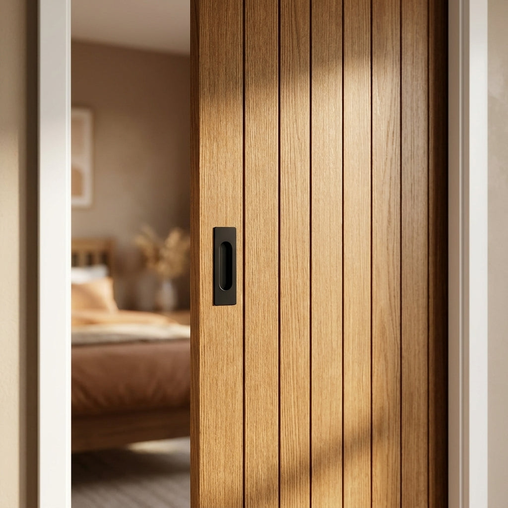 Oak Internal Pocket Door Set Unfinished 1 Light Obscure Glass 100mm Frame - detail view