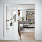 Premium White Glazed Telescopic Pocket Door System with Solid Core and Synchronization Features for Space-Saving Solutions