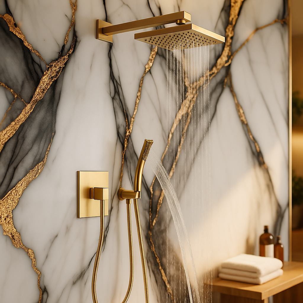 Gloss PVC Shower Wall Panel in Portoro Marble Finish - detail view
