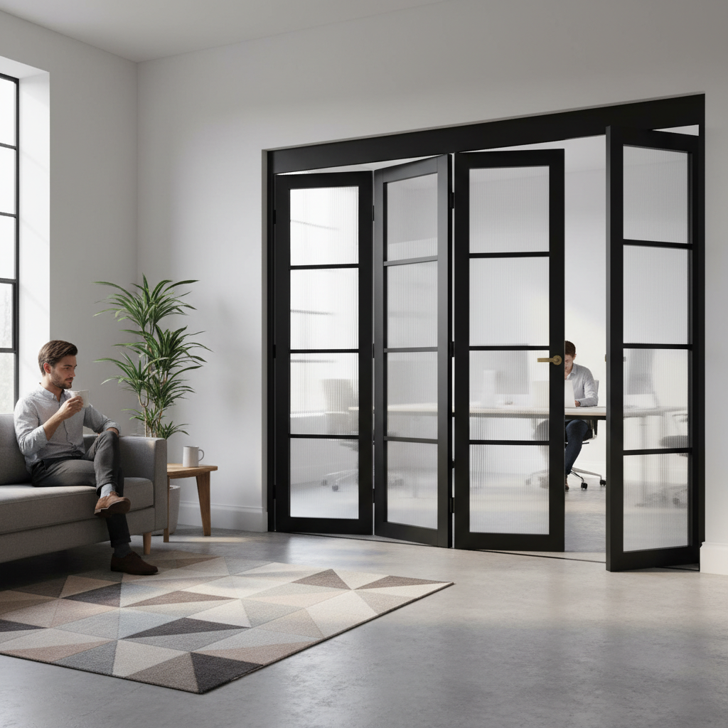 Premium Industrial Style Folding Doors with Reeded Glass - Versatile 5 Door Room Divider Available in Various Sizes