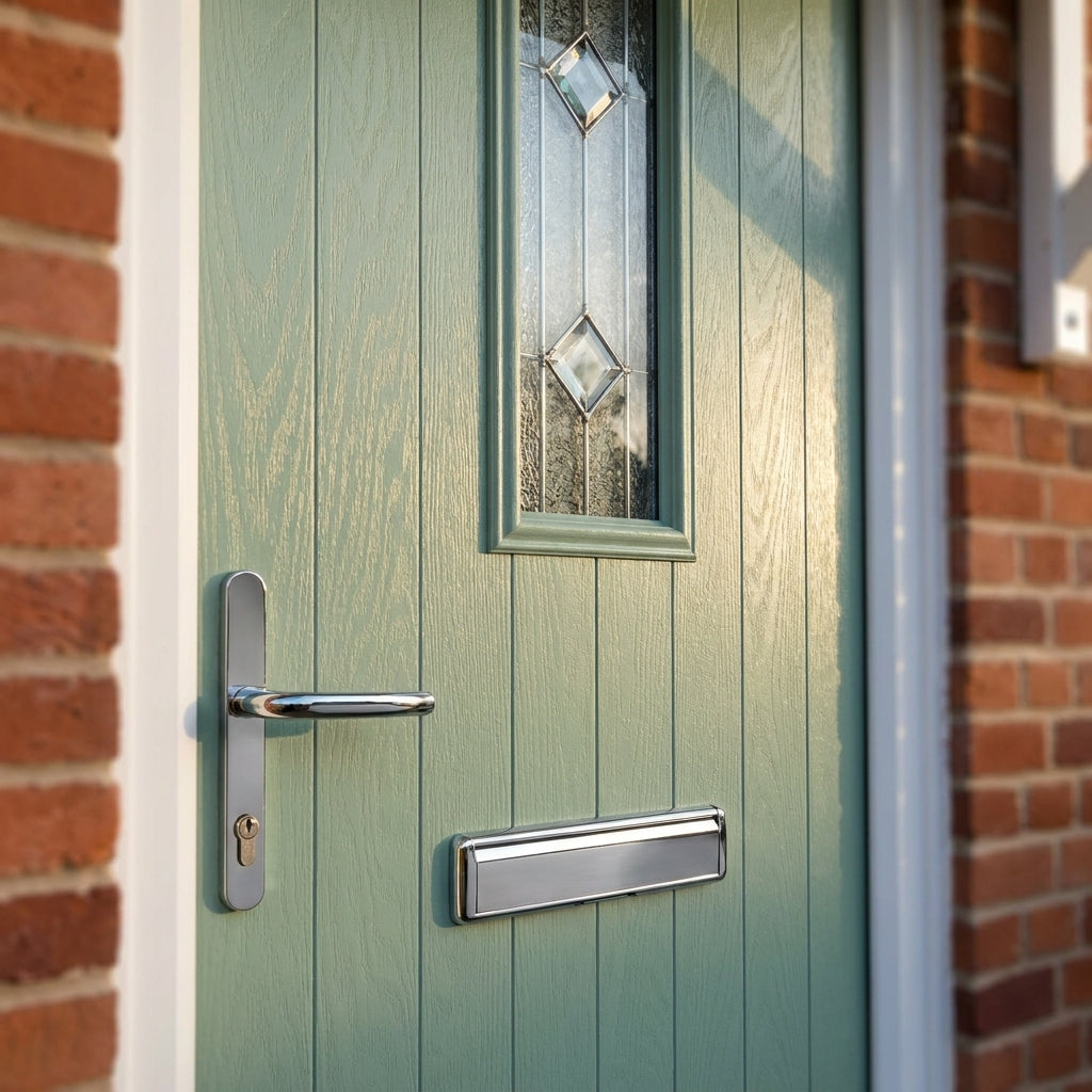 Pre-Hung Chartwell Green Composite Front Door Set with Venice Glass - detail view
