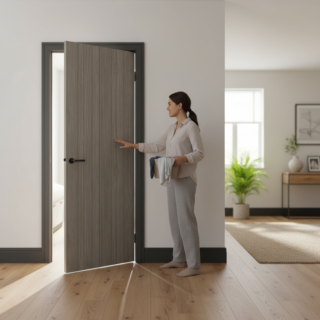 Premium Light Grey Laminate Internal Door with Vertical Grooves - Durable and Easy to Maintain