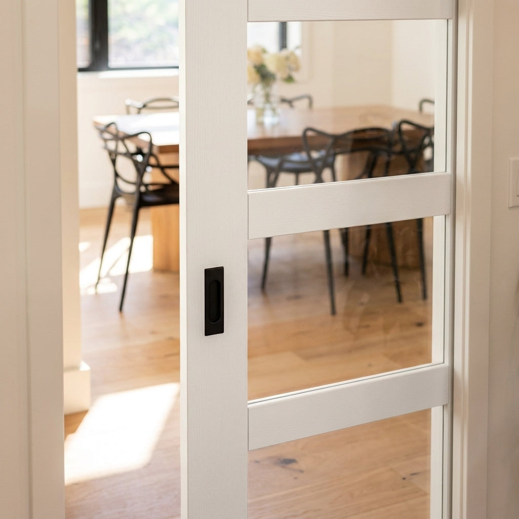 Internal Pocket Door Set, White Primed Shaker Style, 4 Light Clear Glass, 100mm - detail view