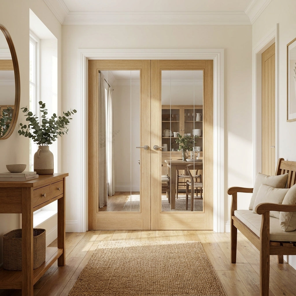 Internal Oak French Door Unfinished 1930's DX 3 Panel 1 Light Glazed